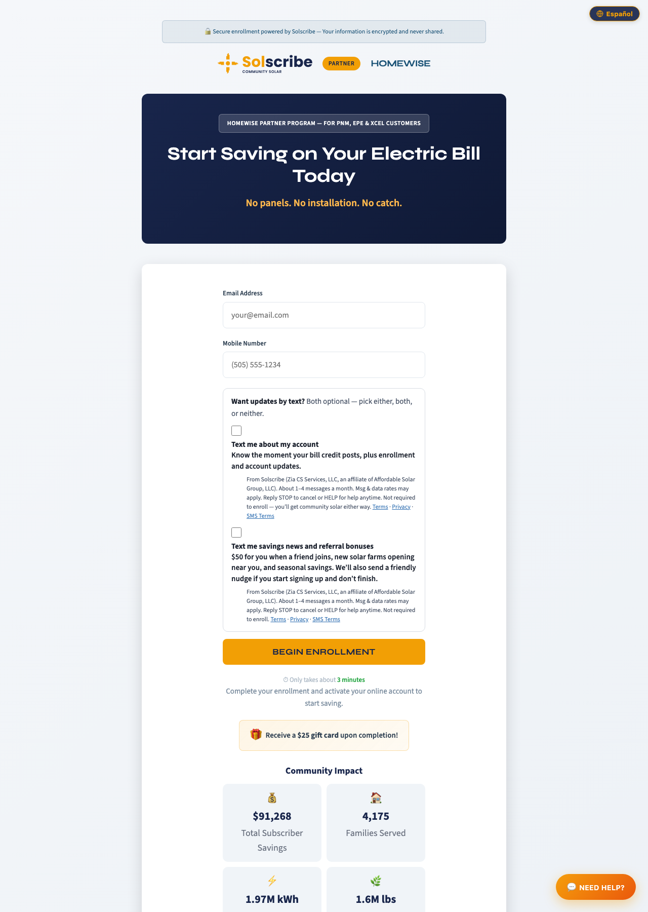 Solscribe enrollment form, step 1 on desktop: Mobile Number field with both SMS consent checkboxes unchecked, above the Begin Enrollment button